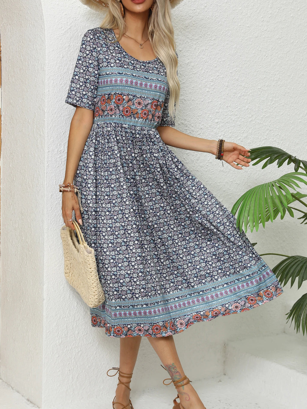 2024 Europe and America autumn ladies round neck short sleeve long skirt Bohemian print dress woman