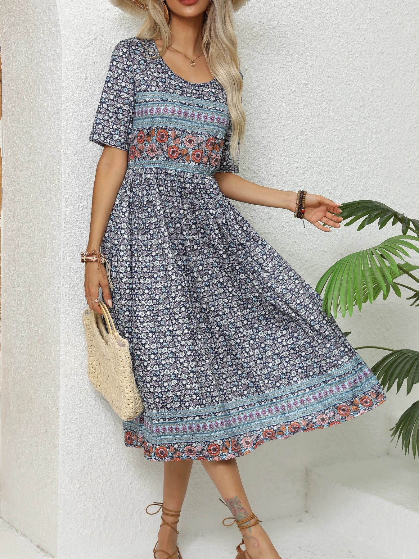 2024 Europe and America autumn ladies round neck short sleeve long skirt Bohemian print dress woman