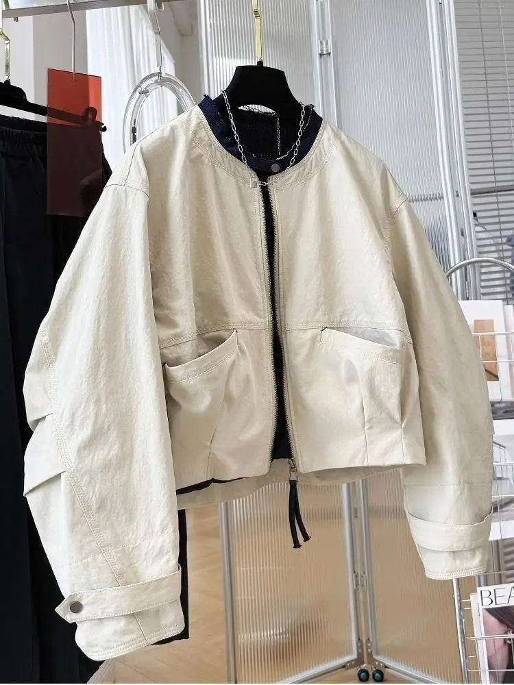 Ladies Short Jacket 2026 Spring Autumn Temperament Round Neck Lady Outerwear Casual Elegant Women's Be All-match Coat
