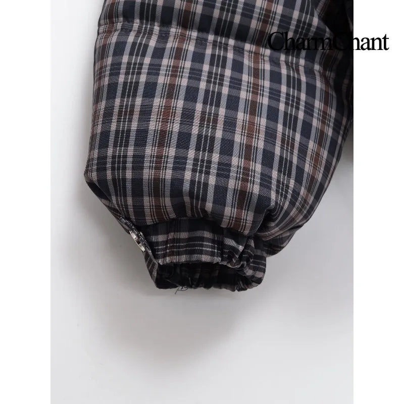 Plaid Puffer Jacket – Stand Collar Padded Coat