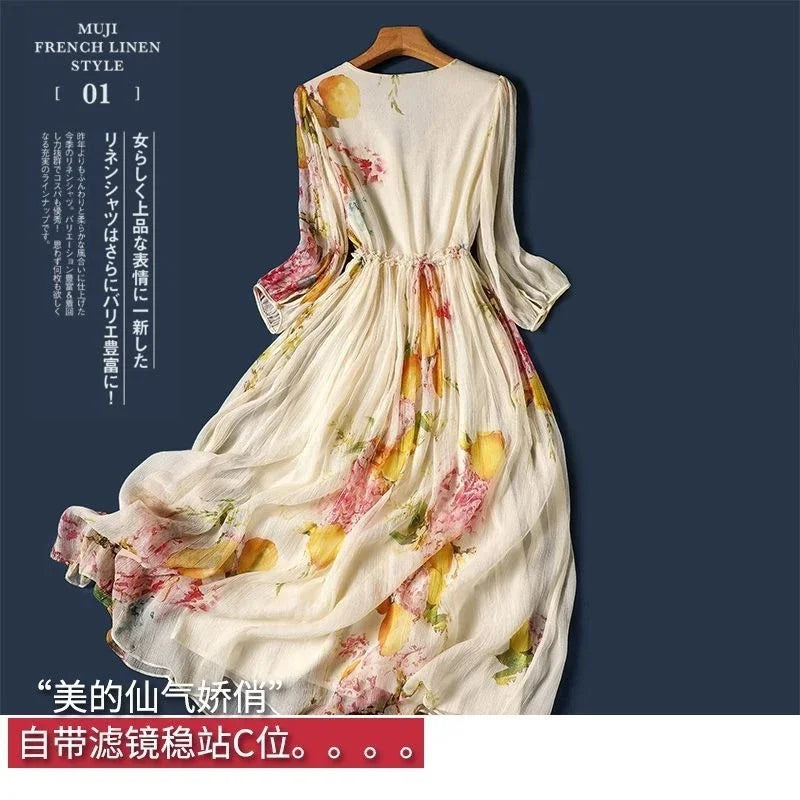 High End Floral Slimming Dress for Women's Spring and Summer 2025 New Print V-neck Oversized Vacation Long Skirt Over the Knee