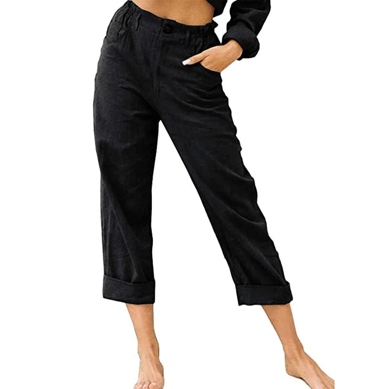 LINEN BLEND HAREM PANTS - Elastic Waist, Rolled Hem - All Day Ease
