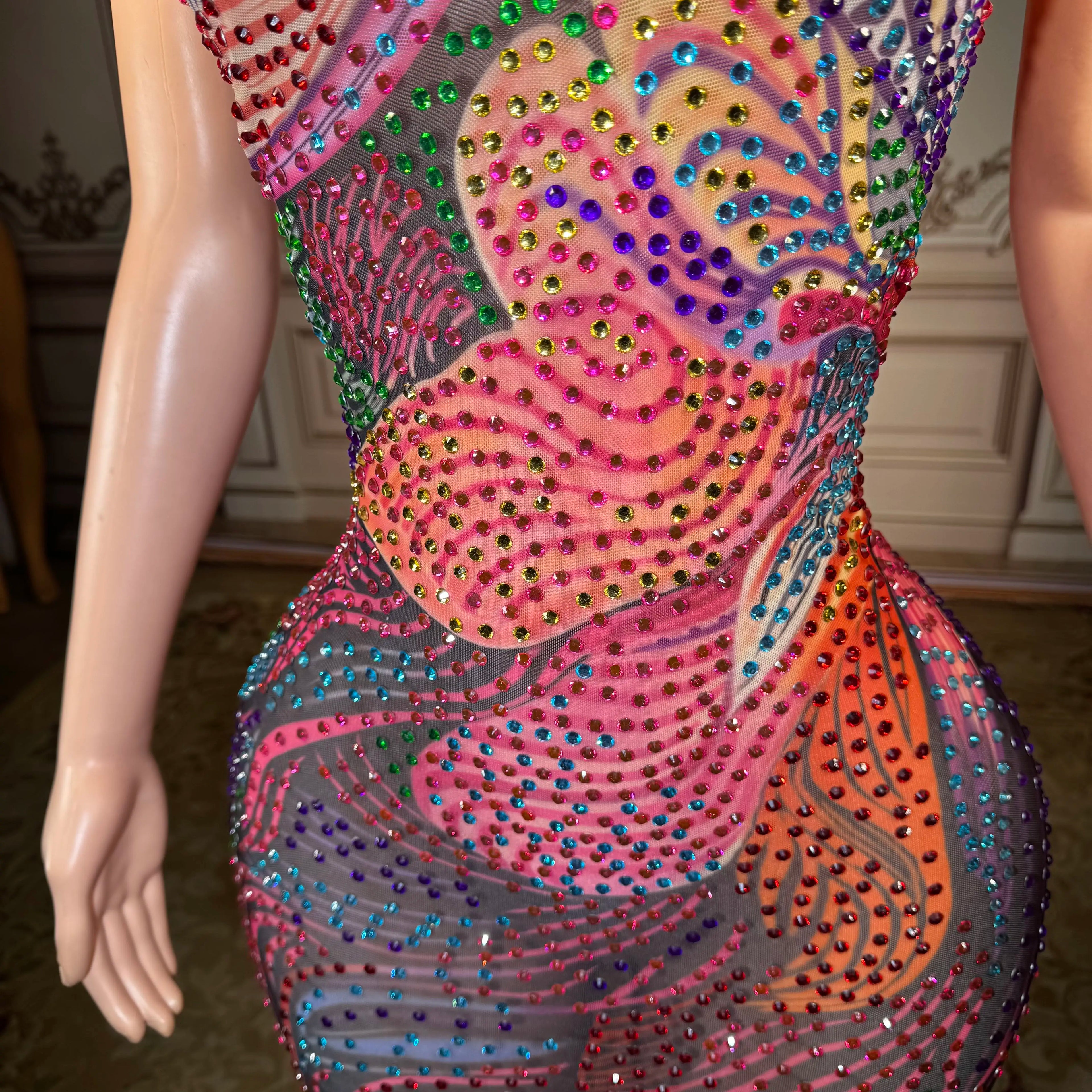 ZD ZD Plus Size Sexy Sheer Mesh Dress with Low Back & Colorful Rhinestones - Glamorous Nightclub & Party Gown for Women