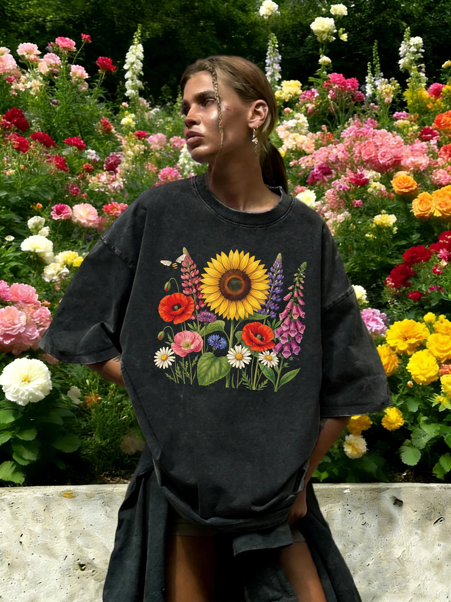Colorful Sunflowers Beautiful Flowers Printed Washed T-Shirt Women O-Neck Cotton T Shirt Loose Clothes Vintage Summer Sportswear