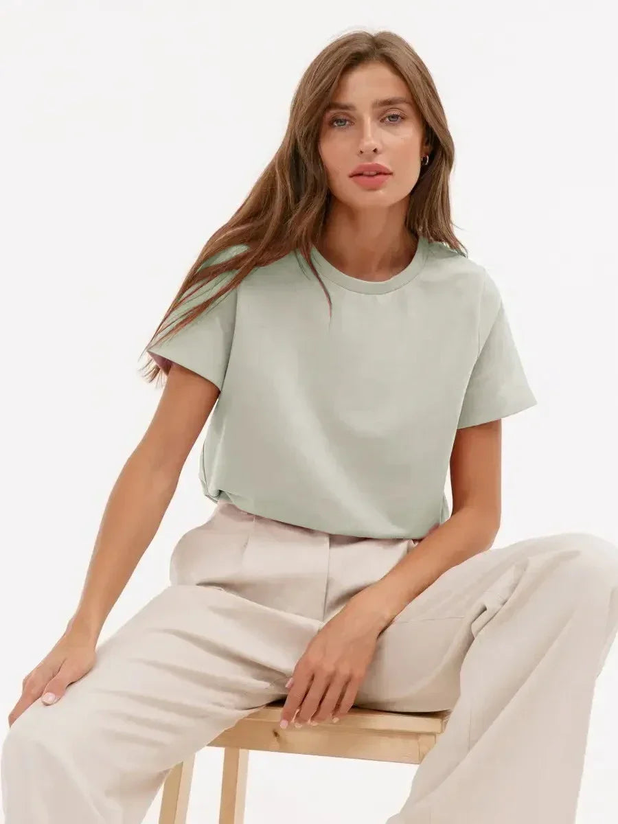 Bornladies Summer 100% Cotton Women's T-shirt Basic Fashionable Solid Lady Short Sleeve Loose Tops 230g/㎡