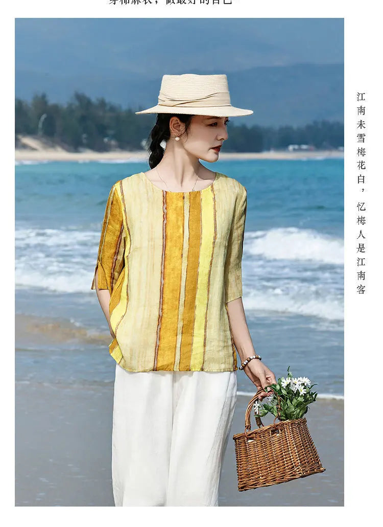100% Linen Women Casual T-shirts New Arrival 2026 Summer O-neck Striped Loose Comfortable Female Half Sleeve Tops Tees M2571