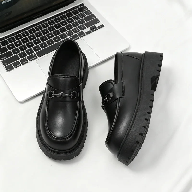 SLIP CHIEF - Men's Height-Increase Slip-On Loafers - Waterproof Split Leather Business Casual Shoes in Black & Bright Black