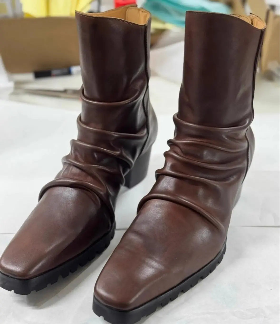 Pleated Cow Leather Chelsea Boots - Pointed Toe Zip Wedge Heel Yuppie Style