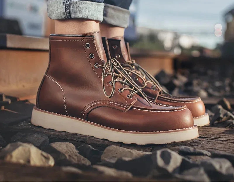 Maden Men's Split Leather Work Boots - Vintage Crazy Horse Mid-Calf Lace-Up Winter Boots