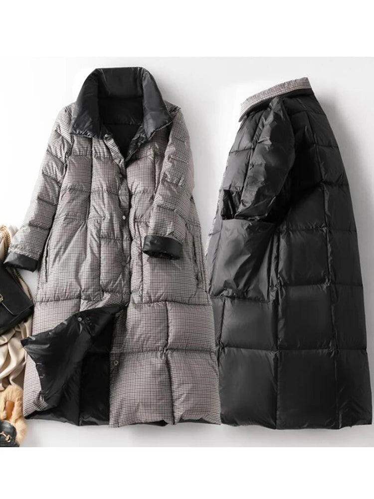 Plaid Double-Sided Down Coat – 85% Duck Down Long