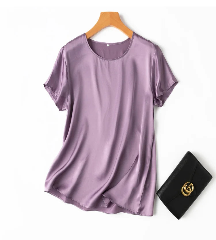 100% Mulberry Silk 19 Momme Charmeuse Silk Women Tank Top T-shirt Short Sleeve Shirt Blouse Solid Colors Summer M L XL AA4270