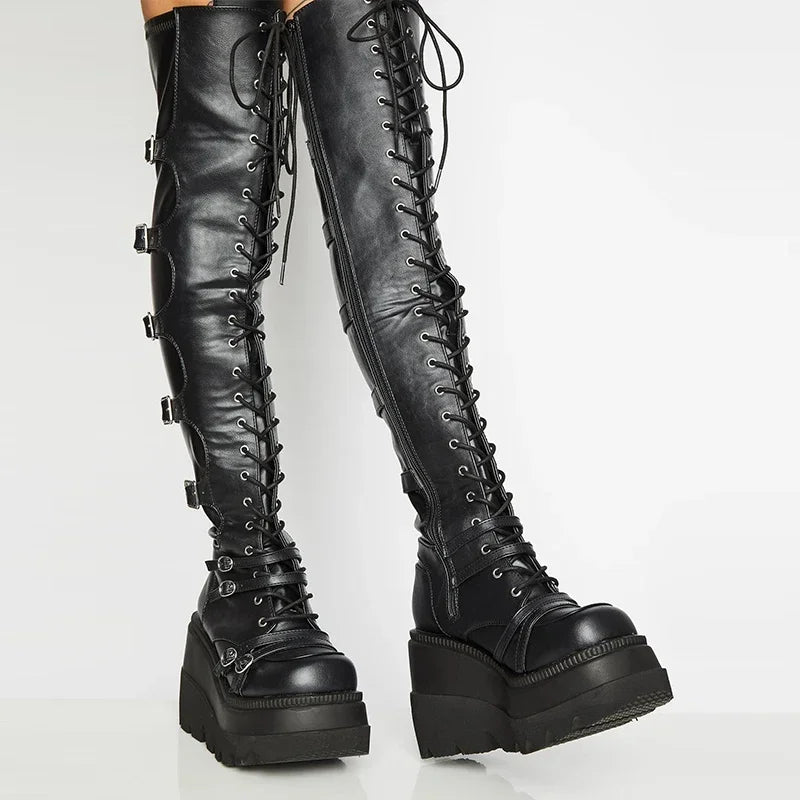 Punk Over-Knee Platform Boots – Belt Buckle Goth