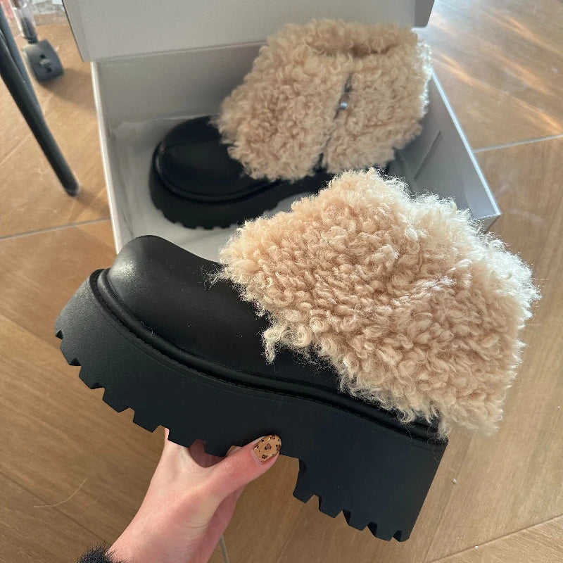 Fur-Lined Platform Ankle Boots – Square Heel