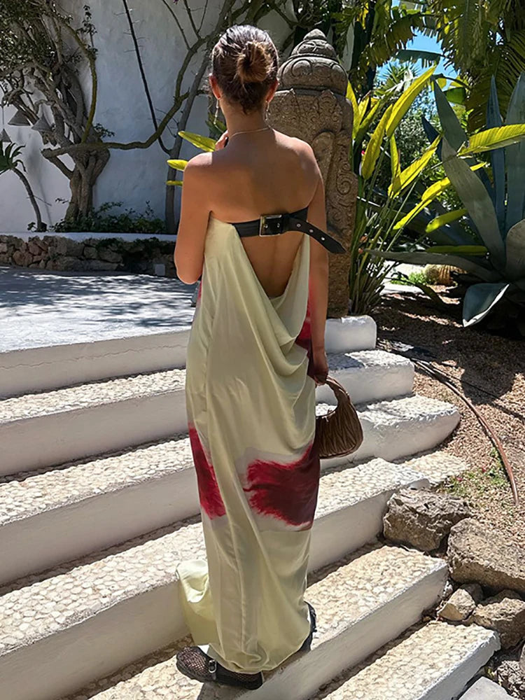 JULISSA MO Sexy Strapless Print Floral Belt Women Maxi Dress Yellow Backless Vacation Dress Summer Loose Elegant Party Beachwear