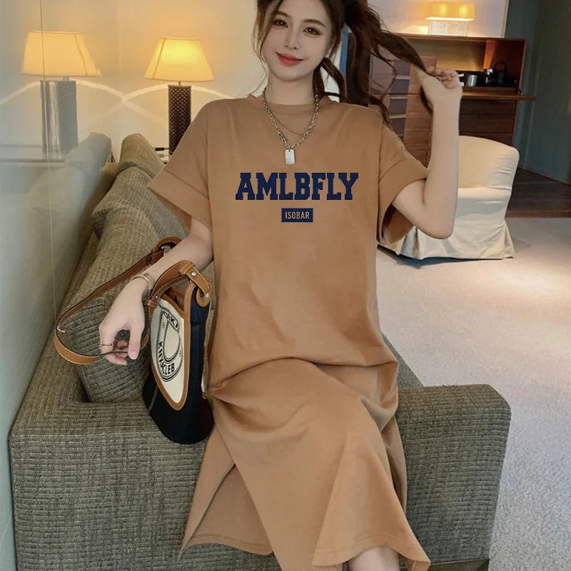 Women's Loose T-shirt Dress Plus Size Summer Casual Letter Print Short Sleeve O-neck Split Long Dress