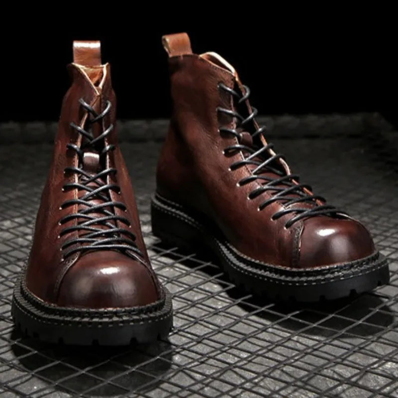 Men's Handmade Genuine Leather Motorcycle Boots - British Vintage High Top Lace-Up Winter