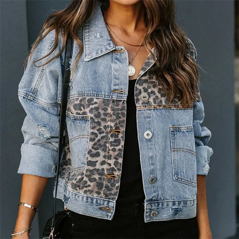 Leopard Splice Denim Jacket – Street Style