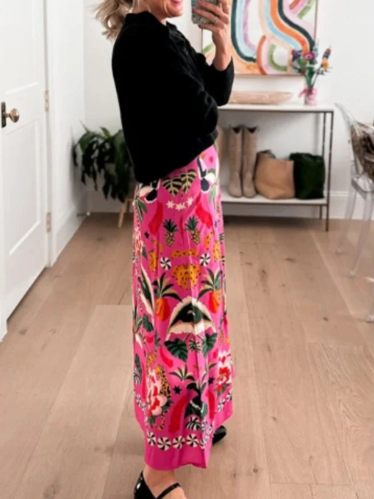 Tropical print midi skirt - retro style, street fashion