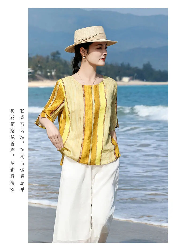 100% Linen Women Casual T-shirts New Arrival 2026 Summer O-neck Striped Loose Comfortable Female Half Sleeve Tops Tees M2571