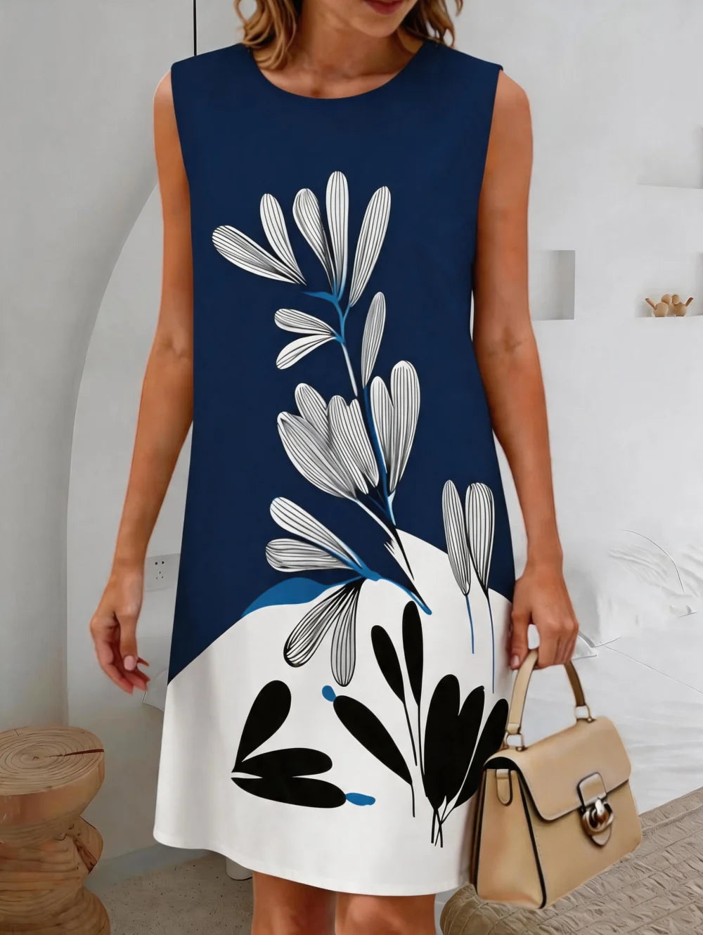 Summer New Women's Casual Fresh Simple Flower Leaves Graphics Sleeveless Dress Knee-Length Dresses Holiday Loose Woman Clothing