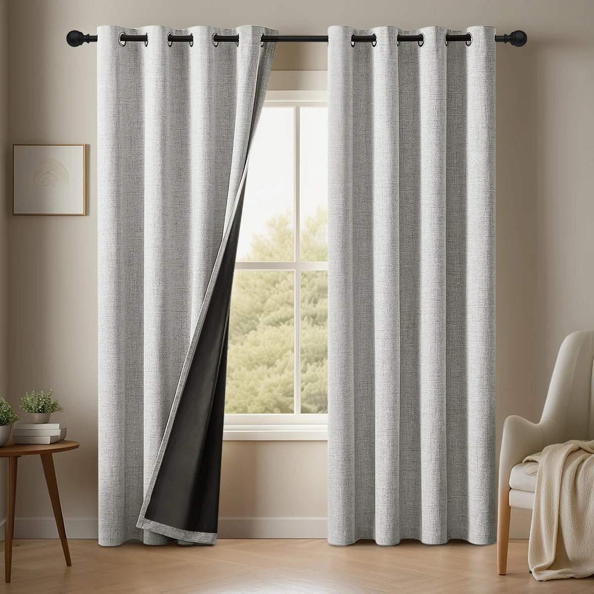PLAIN BLACKOUT CURTAINS SET OF 2 - Linen Look, 3 Colors - Dark Rooms
