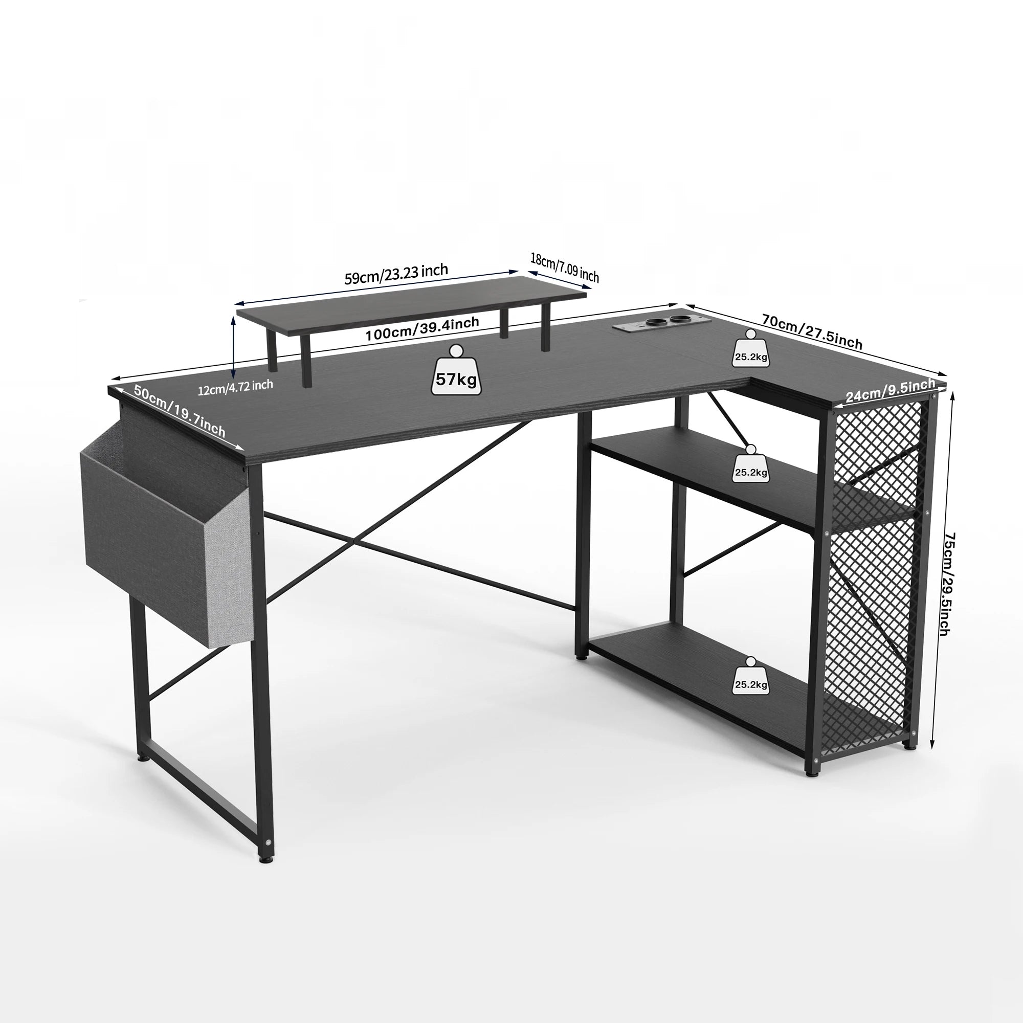 L-Shaped Corner Desk – Monitor Shelf, USB & Power Outlet