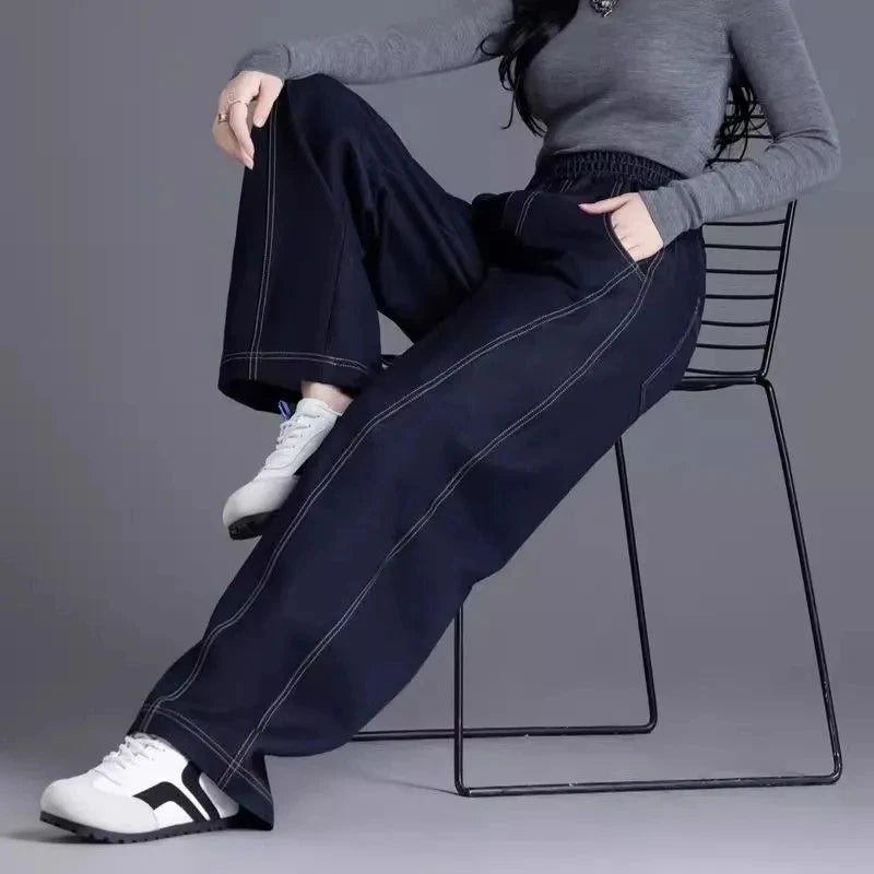 High Waist Wide Leg Jeans - Elastic Waist Loose Fit