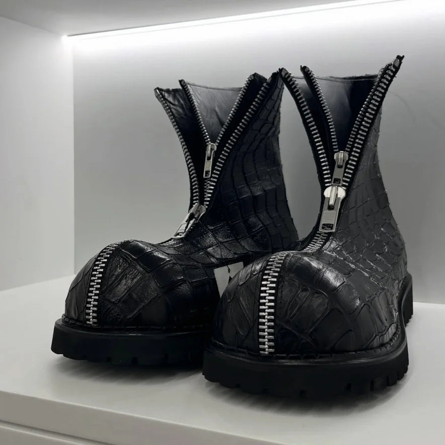 CROC NOIR - Men's Croc Embossed Leather Ankle Boots - Front Zip, Thick Platform, Gothic Style
