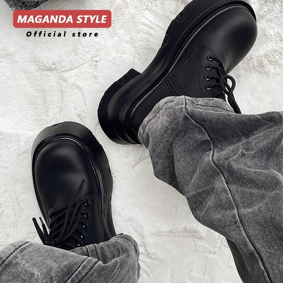 Men's Height Increasing Ankle Boots - +7cm Lace-Up Matte Thick Sole Work Style