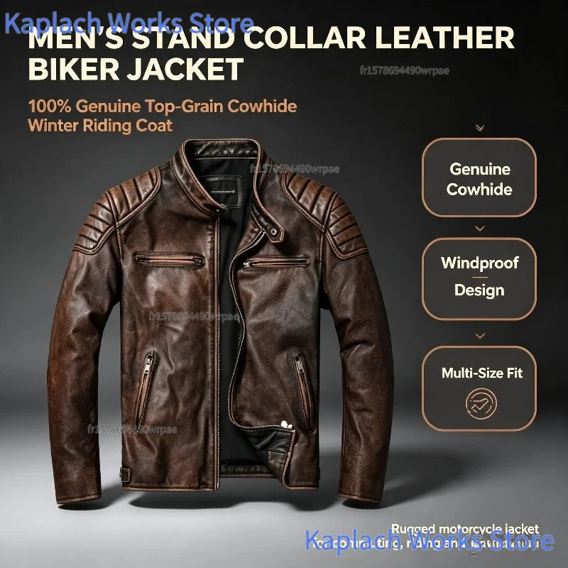 IRON HIDE - Men's 100% Genuine Cowhide Motorcycle Jacket - Stand Collar Biker Leather Coat Plus Size