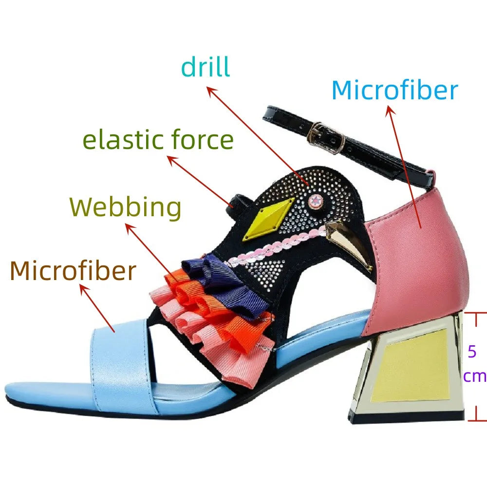 【JOCHEBED HU】New Designer High Heel Shoe Summer Sandals Ruffle Bird Decor Party Rhinestone Chunky Heel Novelty Sandalias 33-44
