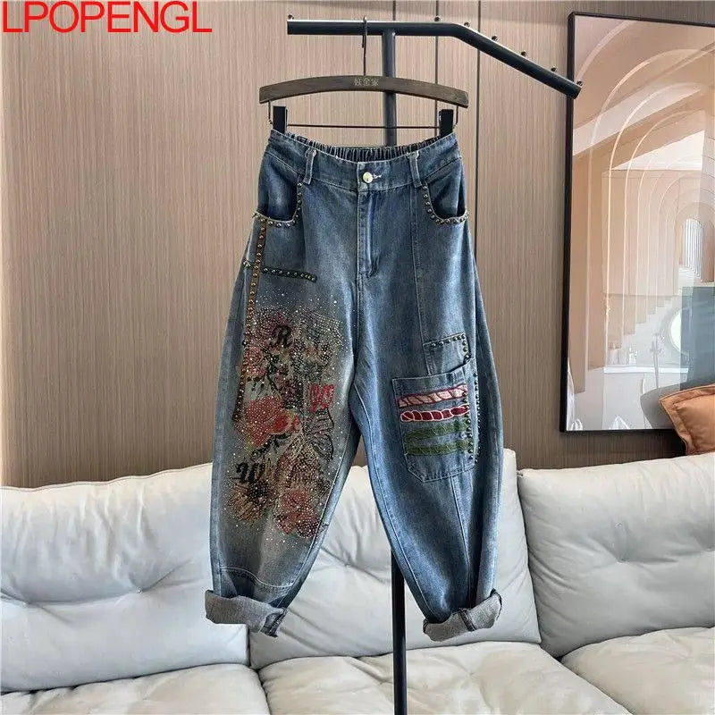 Elastic Waist Hot Diamond Jeans For Women 2026 Spring And Summer New Embroidered Denim Straight Loose Harem Daddy Pants