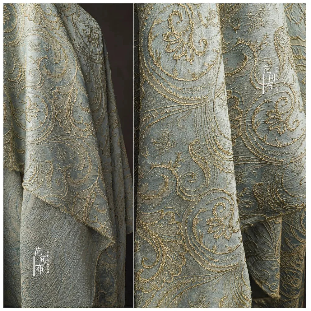 Blue Gold Jacquard Fabric – Silk Relief, 150cm Wide