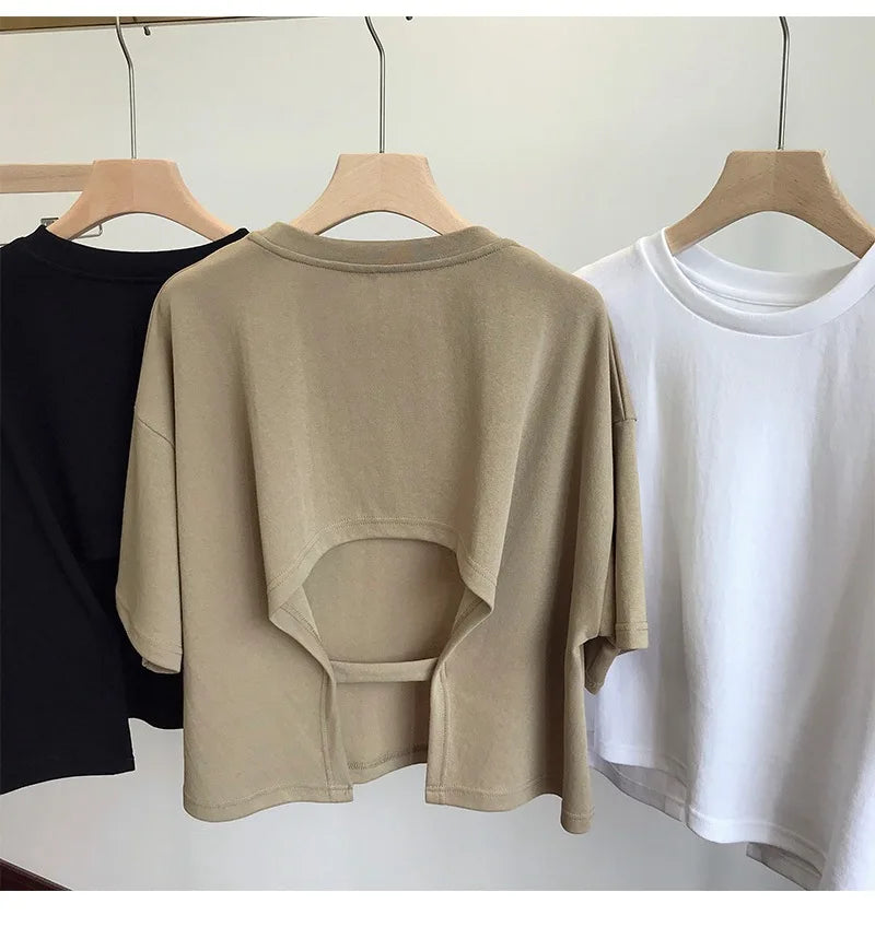 Summer Vintage Women's Short Sleeve Tee Korean Casual Backless Oversize T-Shirt Round Neck Short-Sleeved Crop Tops Y2k Brown Top