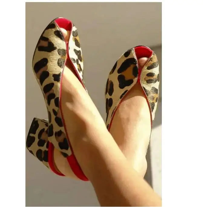 Leopard Print Peep Toe Slingback Women's Sandals Chunky Heels Sandals Office Shoes