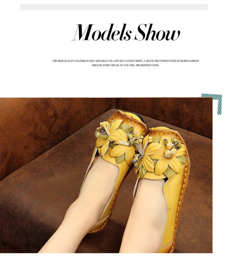 WOIZGIC Women Female Mother Ladies Genuine Leather Shoes Flats Loafers Non Slip On Flowers Retro Moccasins Plus Size 41 42