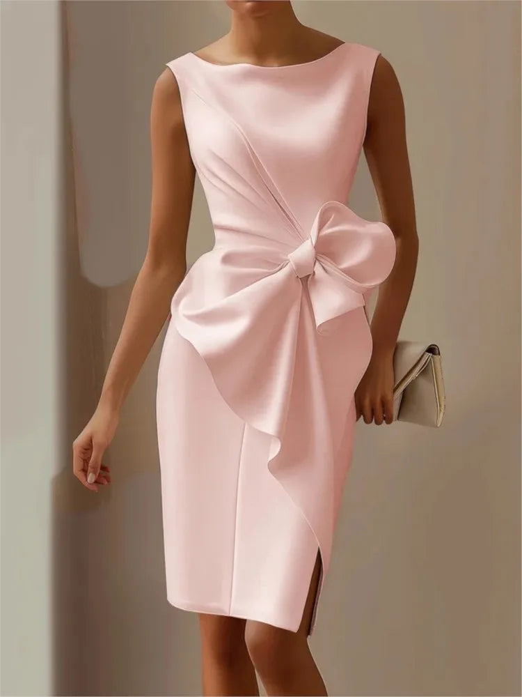 Elegant Solid Bow Dress For Women Fashion Sleeveless O Neck Slim Package Hip Dresses Lady Formal Evening Party Women's Clothing