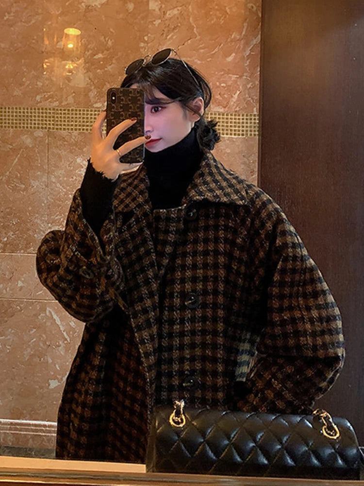 Plaid Woolen Coat – Long Double Breasted Loose Fit