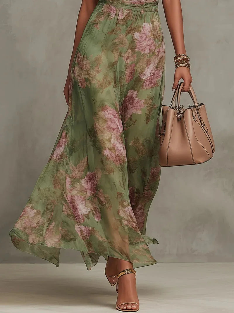 Women's Green Floral Print Halter Maxi Dress Sleeveless High Neck Ruched Waist Chiffon Flowy Evening Party Dress