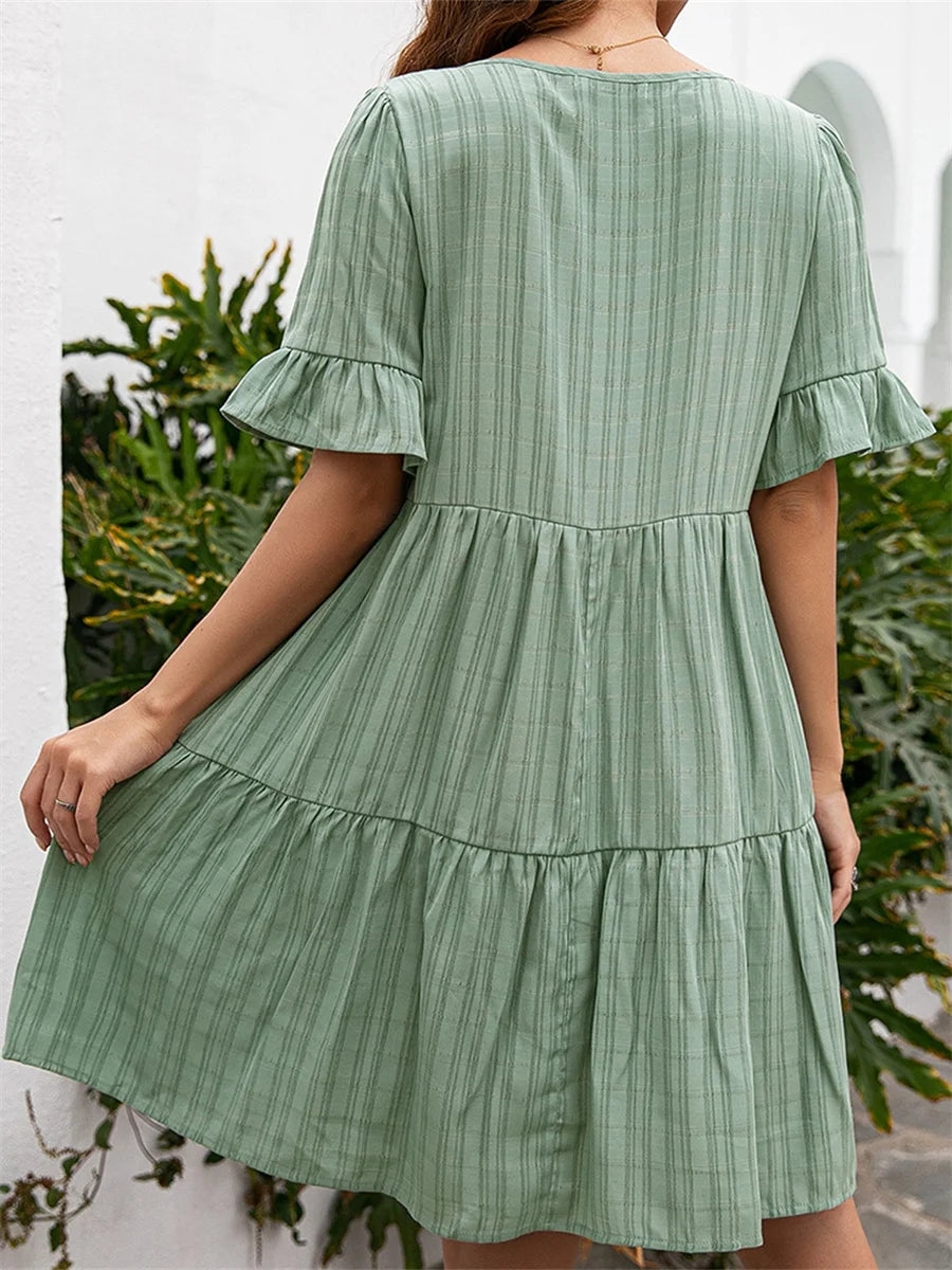 2026 Summer Women Loose Dress Short Sleeve V Neck Tie-up Mini Dress Casual Bohemian Striped Dresses