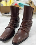 Pleated Cow Leather Chelsea Boots - Pointed Toe Zip Wedge Heel Yuppie Style