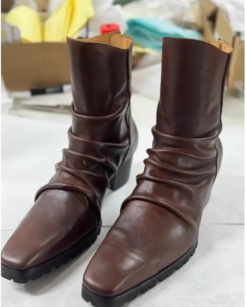 Pleated Cow Leather Chelsea Boots - Pointed Toe Zip Wedge Heel Yuppie Style