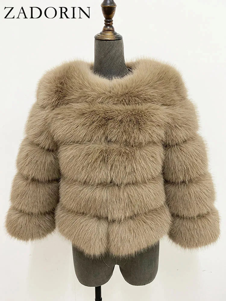 Women's Faux-Fur Jacket - Three-Quarter Sleeves - Plush Poise