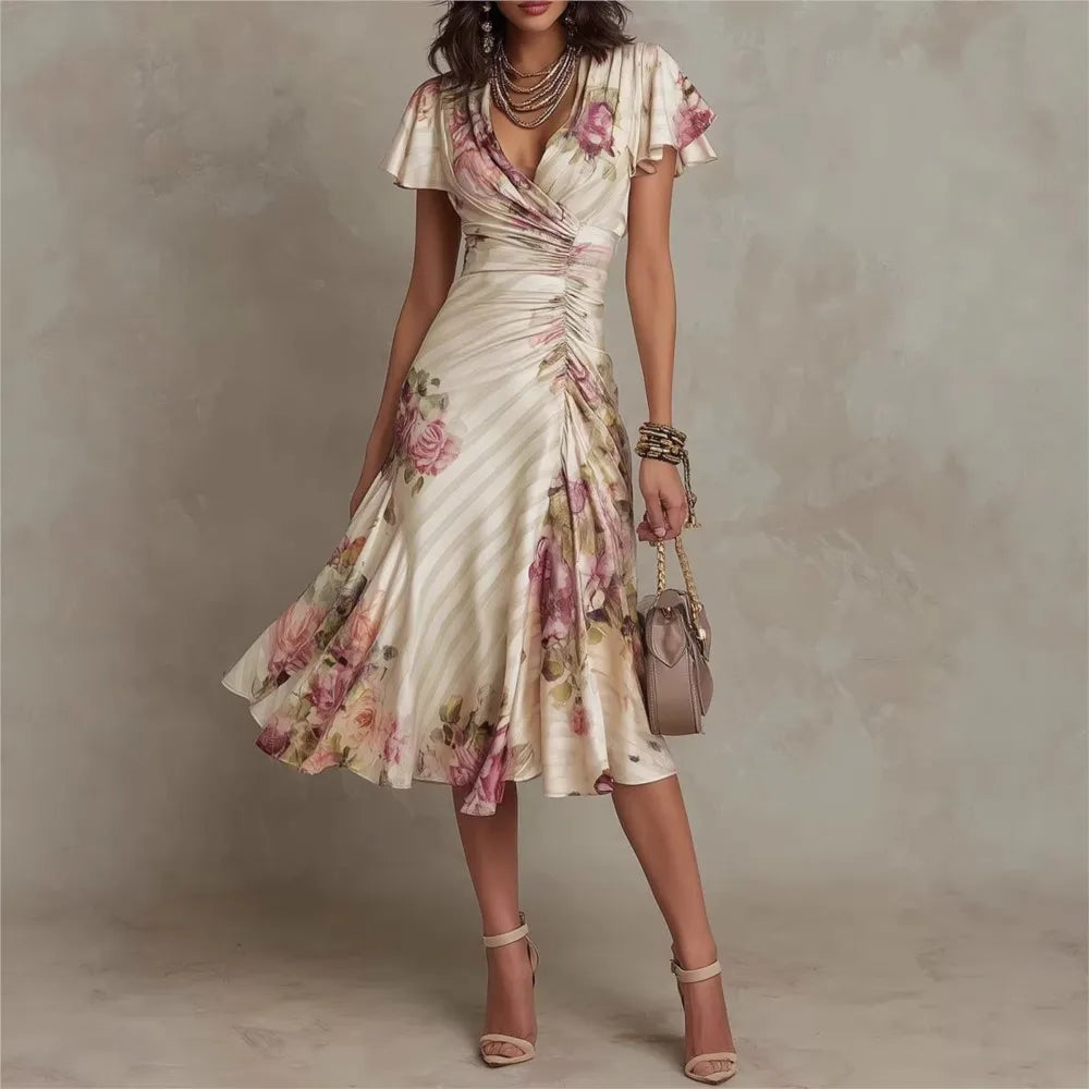 Fashion Print Sexy Deep V Neck Ruffle Short Sleeve Women's Dress Summer Fashion Pleated Slim Elegant Female Party Dresses 2026