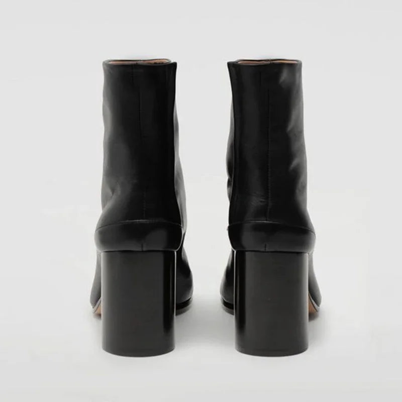 Leather Tabi Boots – Split Toe Chunky Heel Ankle