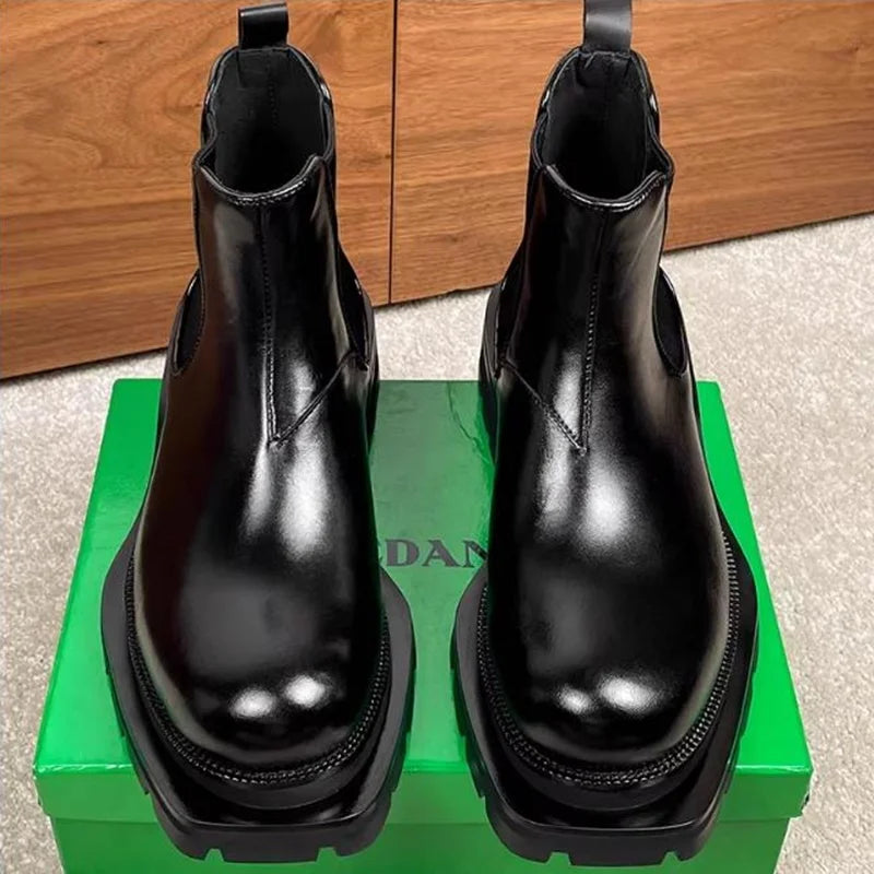 BRITISH RISE - Men's Calfskin Chelsea Boots - +6cm Height, Waterproof, Square Toe, EU 38–44