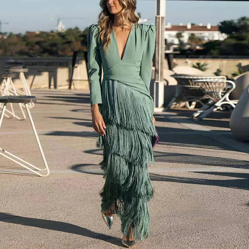 Long Sleeve Spliced Tassel Party Dresses Woman Elegant Deep V Neck Sheath Long Dress Fashion Solid Pleated Bohemian Dress