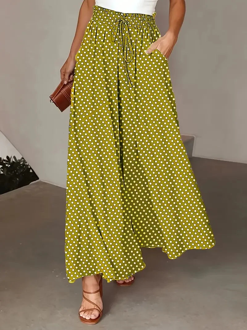 2025 Spring/Summer Bohemian Wide-Leg Pants with Elastic Waist and Polka Dot Print Long Skirt Pants for Women