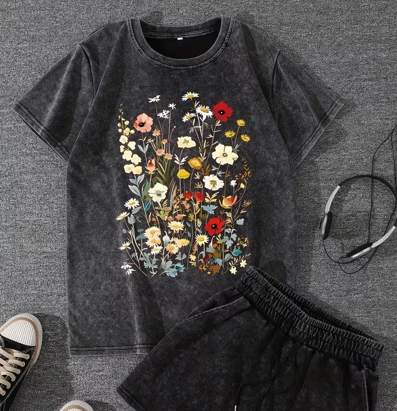 Vintage Washed T-shirt with Fern Leaf & Botanical Print - Soft Relaxed Fit Short Sleeve Round Neck Casual Top,Fern Leaf Shirt