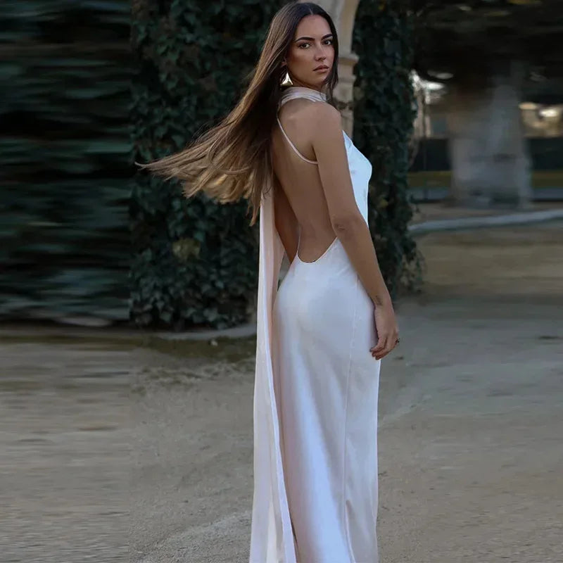 Satin Ribbon Halter Long Dresses Women's Backless Casual Maxi Dress Evening Wedding Guest White Blue Green Summer Graduation New